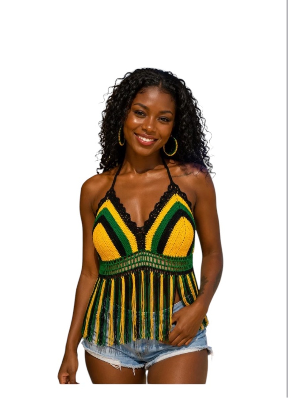 🌴NWT Crochet Fringe Halter Top in Red/Yellow/Green/Black Women’s Size Large 🌴